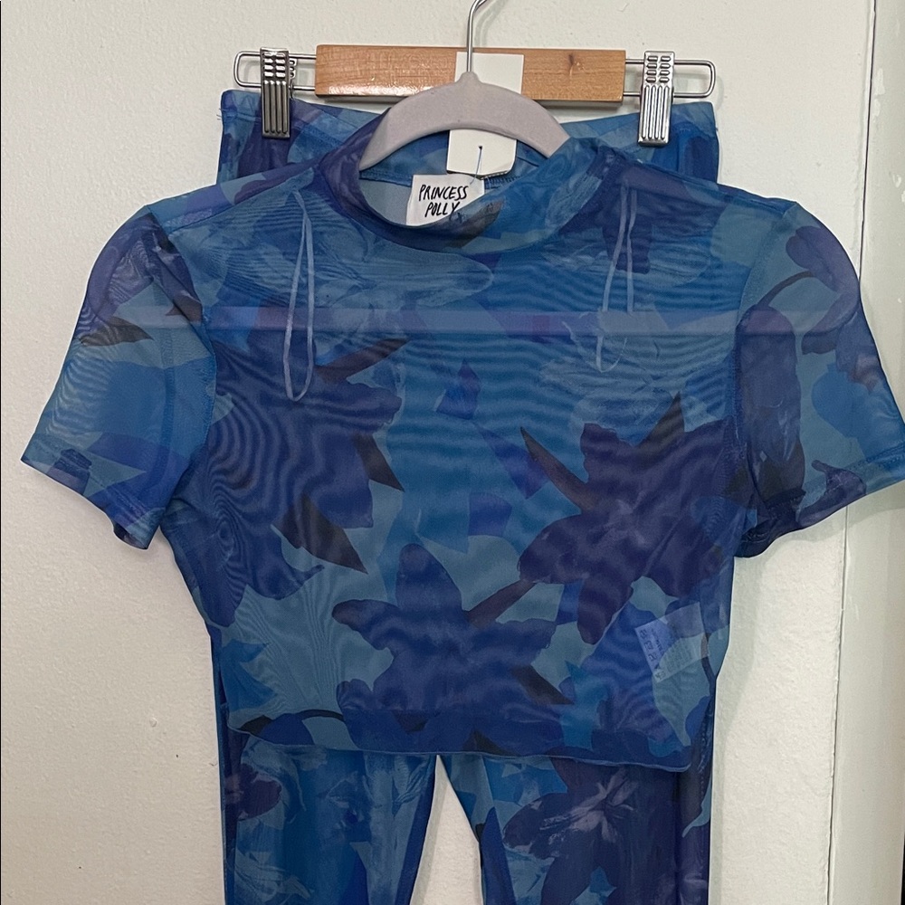 Princess Polly Blue Floral Mesh Crop Top and pants